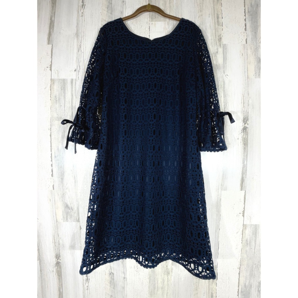 Dressbarn Navy Blue Lace Shift Dress 3/4 Sleeve Knee Length Lined Back Zip READ